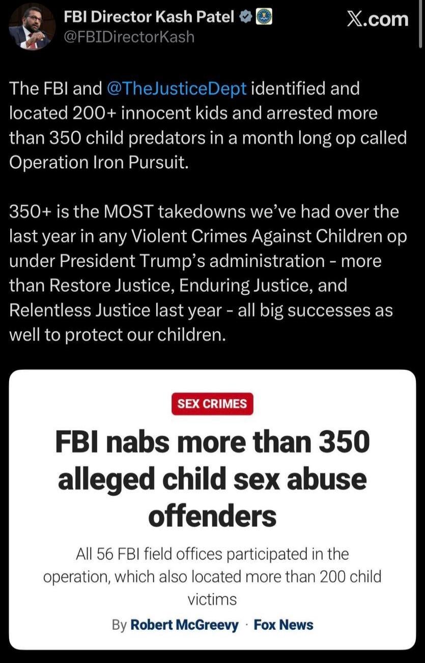 FBI Director Kash Patel @FBIDirectorKash X.com. The FBI and @TheJusticeDept identified and located 200+ innocent kids and arrested more than 350 child predators in a month long op called Operation Iron Pursuit. 350+ is the MOST takedowns we've had over the last year in any Violent Crimes Against Children op under President Trump's administration - 