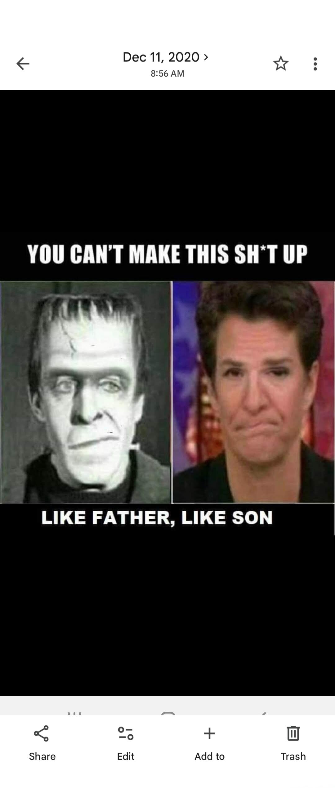 YOU CAN'T MAKE THIS SH*T UP. LIKE FATHER, LIKE SON. The image compares Herman Munster from The Munsters with Rachel Maddow, suggesting a strong resemblance.