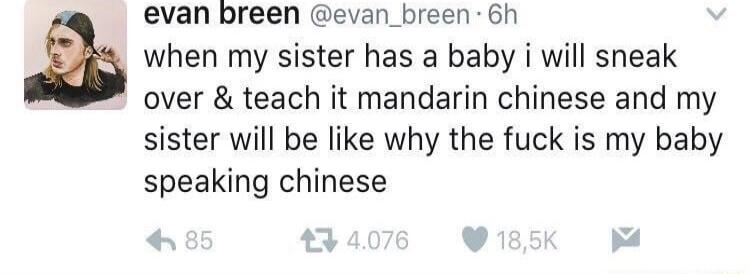 evan breen evan_breen 6h when my sister has a baby i will sneak over teach it mandarin chinese and my sister will be like why the fuck is my baby speaking chinese 4