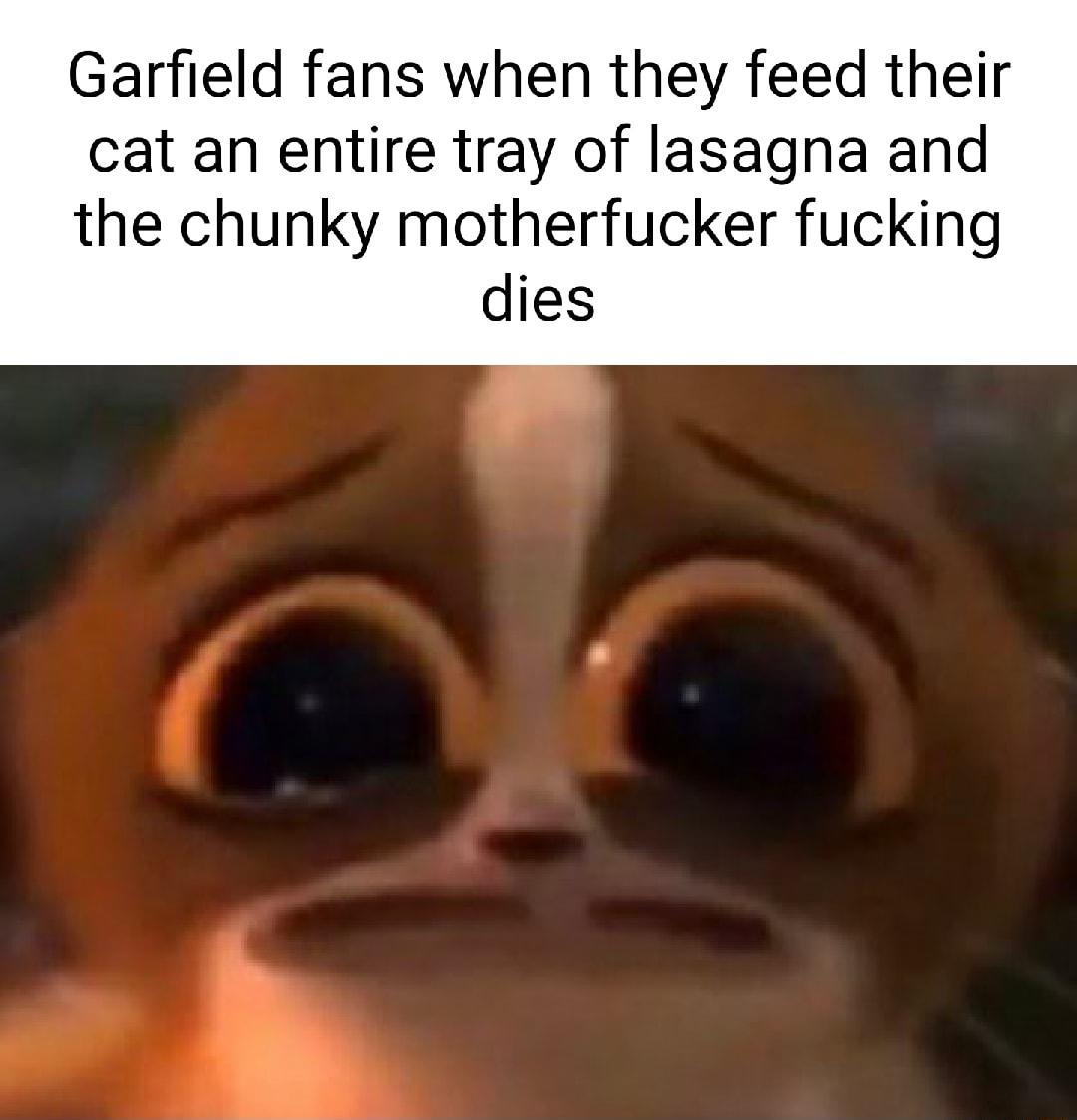 Garfield fans when they feed their cat an entire tray of lasagna and the chunky motherfucker fucking dies