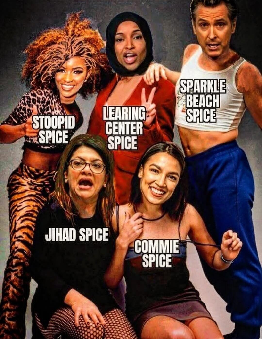 STOOPID SPICE, LEARING CENTER SPICE, SPARKLE BEACH SPICE, JIHAD SPICE, COMMIE SPICE. A political meme featuring five public figures, including Gavin Newsom, Ilhan Omar, Rashida Tlaib, and Alexandria Ocasio-Cortez, photoshopped onto the bodies of the Spice Girls, with derogatory labels.