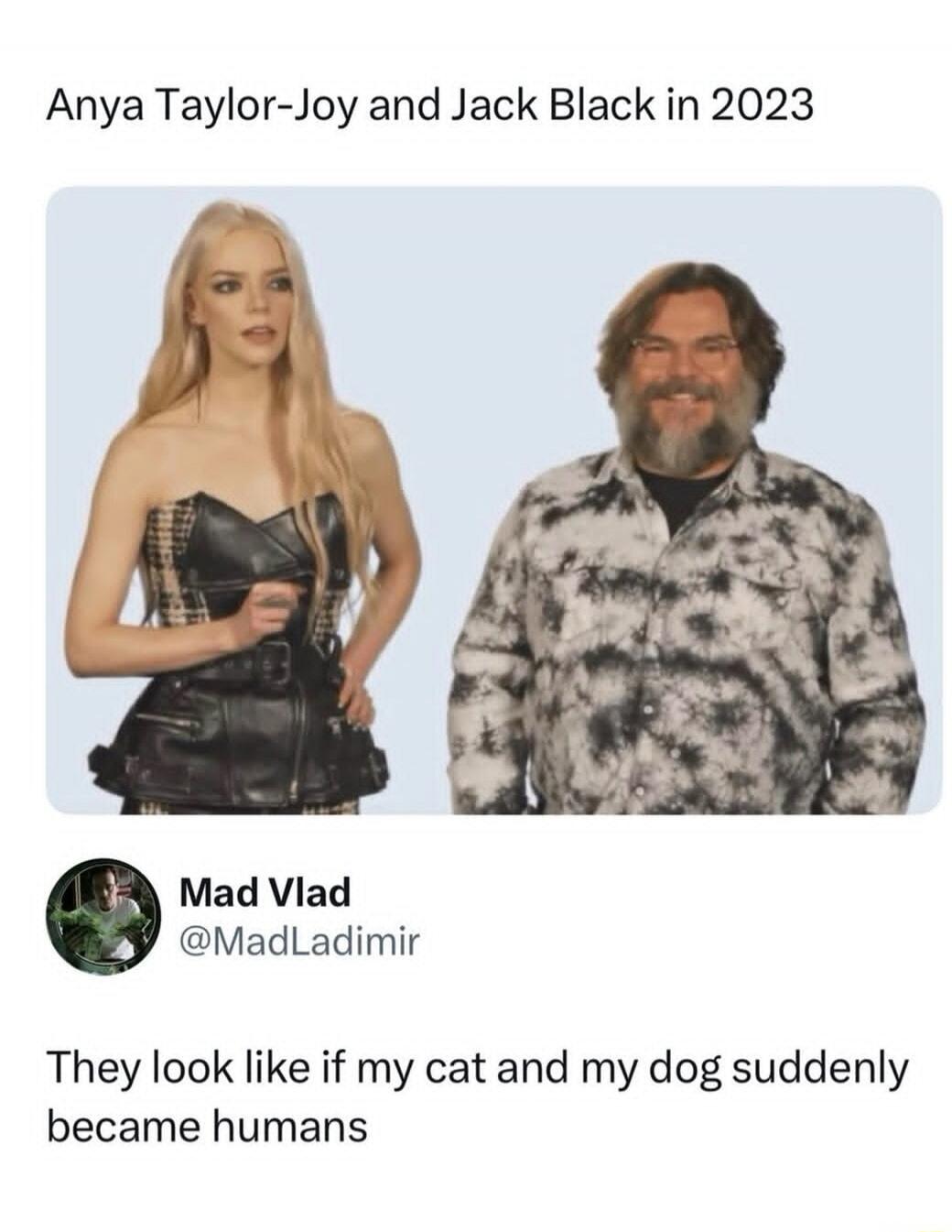 Anya Taylor-Joy and Jack Black in 2023. Mad Vlad @MadLadimir. They look like if my cat and my dog suddenly became humans.