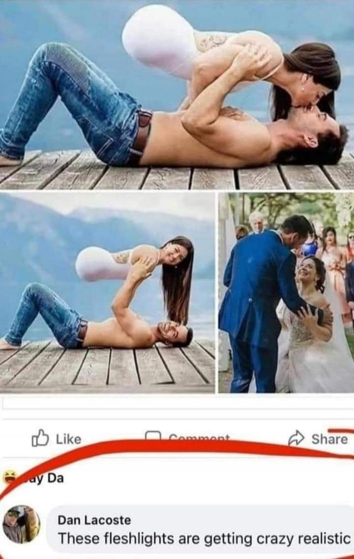 A series of three images. The first two show a man lying on a wooden dock, shirtless, wearing jeans, with a woman in a white dress seemingly floating above him, kissing him in the first image and smiling at the camera in the second. The third image shows a traditional wedding photo of a groom embracing a bride. Below the images, a comment from Dan 