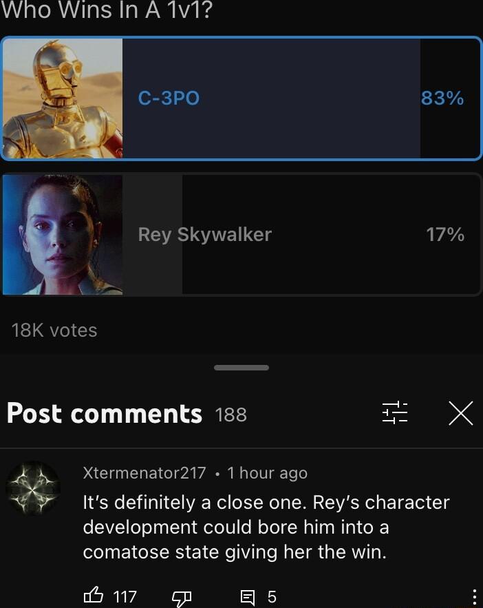 Who Wins In A1v1 c 3P0 83 Rey Skywalker 17 we 18K votes Post comments 158 X 1 Xtermenator217 1 hour ago Its definitely a close one Reys character development could bore him into a comatose state giving her the win 117 cp g5