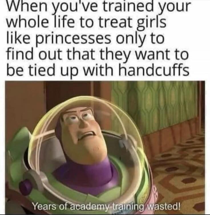 When you've trained your whole life to treat girls like princesses only to find out that they want to be tied up with handcuffs

Years of academy training wasted!