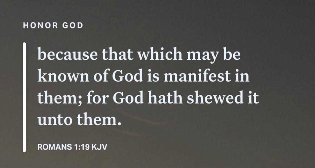 HONOR GOD because that which may be known of God is manifest in them; for God hath shewed it unto them. ROMANS 1:19 KJV