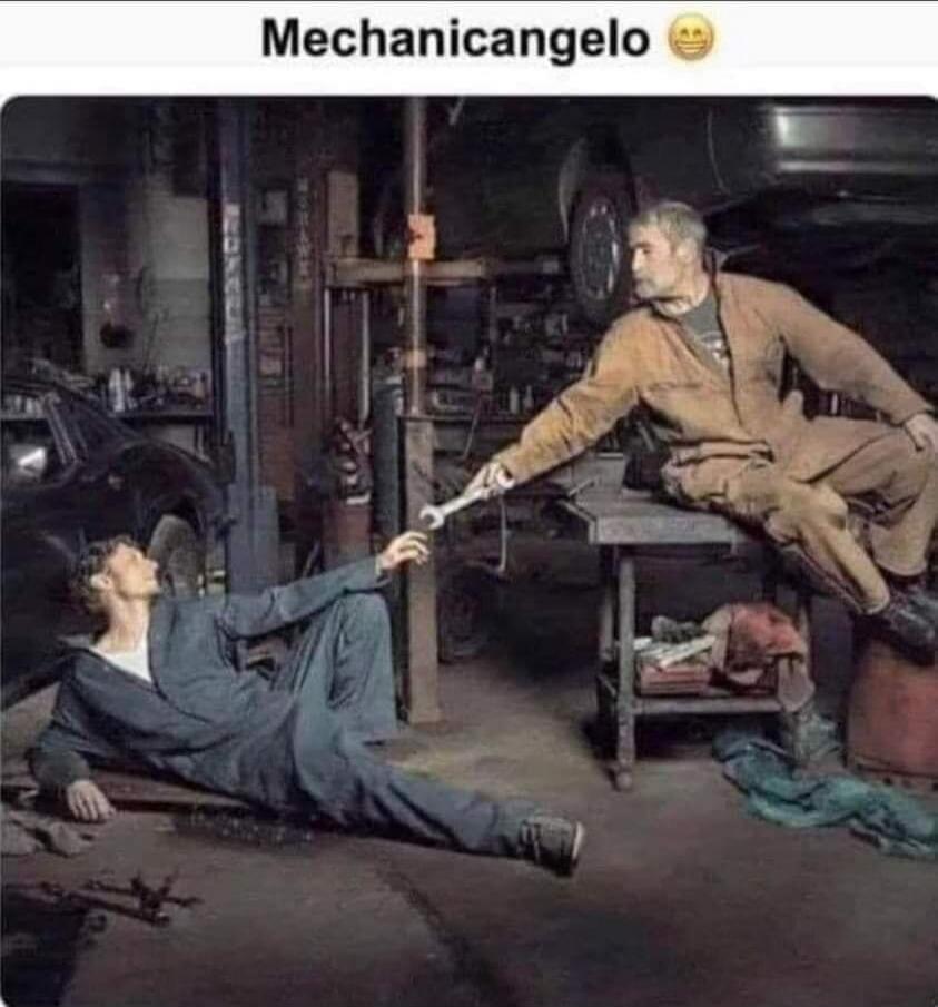 Mechanicangelo. A humorous parody of Michelangelo's 'The Creation of Adam' painting, featuring two mechanics in a garage. One mechanic is lying on the floor, reaching out to another mechanic who is sitting on a workbench, passing him a wrench.