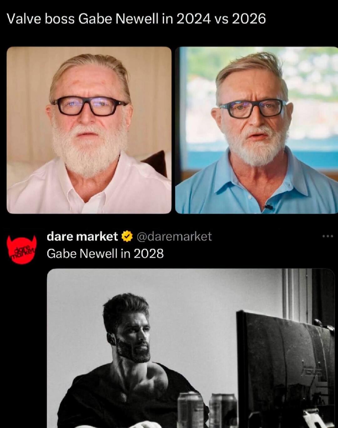 Valve boss Gabe Newell in 2024 vs 2026. dare market @daremarket Gabe Newell in 2028.