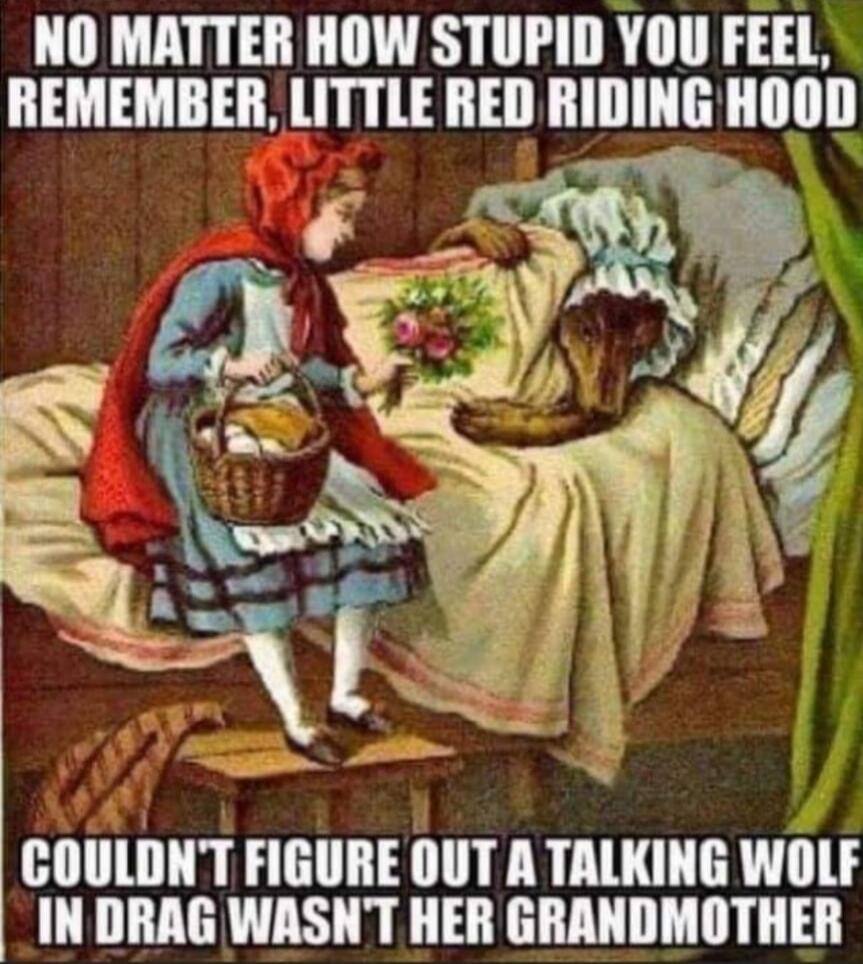 NO MATTER HOW STUPID YOU FEEL, REMEMBER, LITTLE RED RIDING HOOD COULDN'T FIGURE OUT A TALKING WOLF IN DRAG WASN'T HER GRANDMOTHER