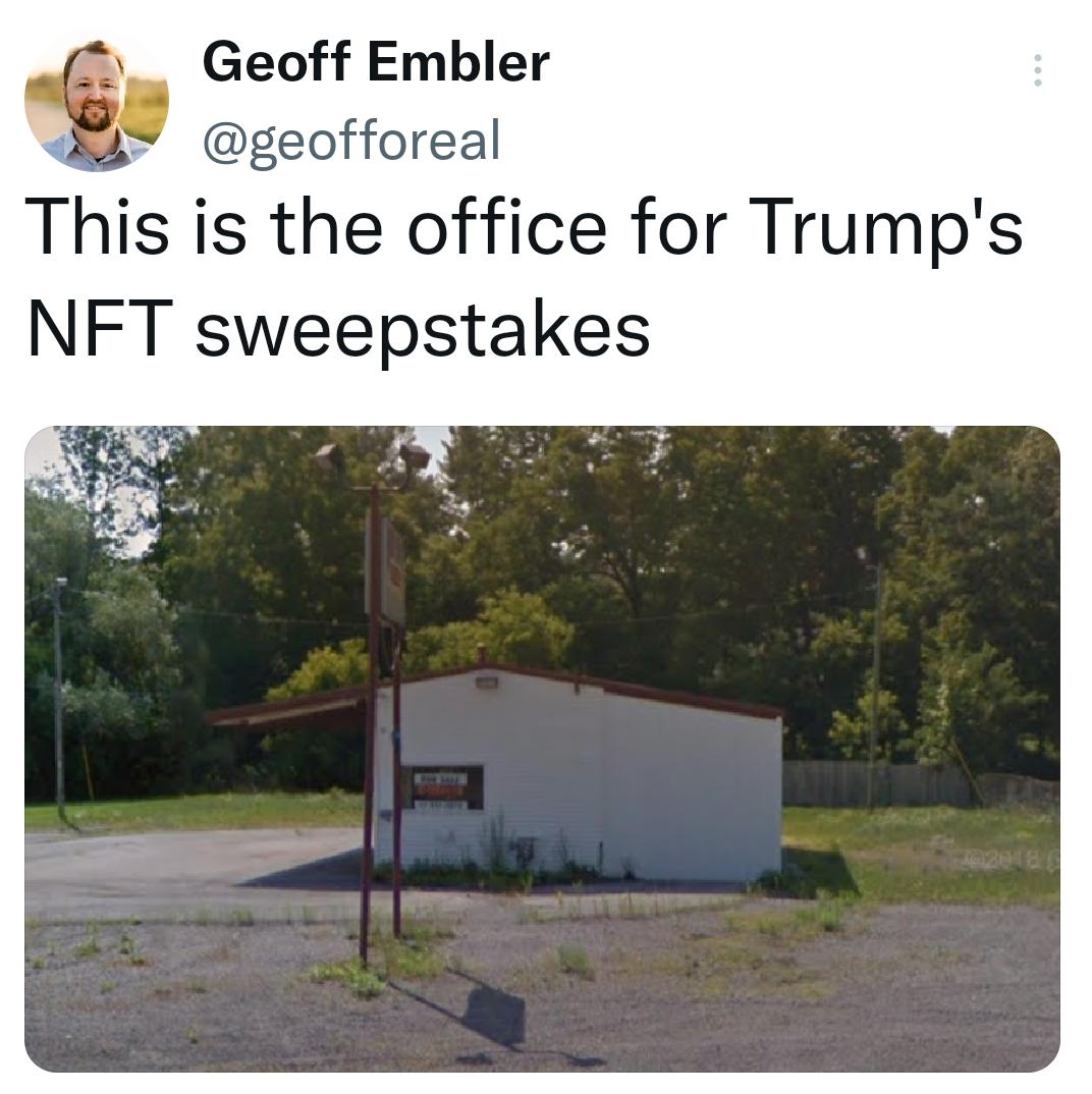 L Geoff Embler geofforeal This is the office for Trumps NFT sweepstakes 244 PM 15 Dec 22 57 Retweets 12 Quote Tweets 250 Likes