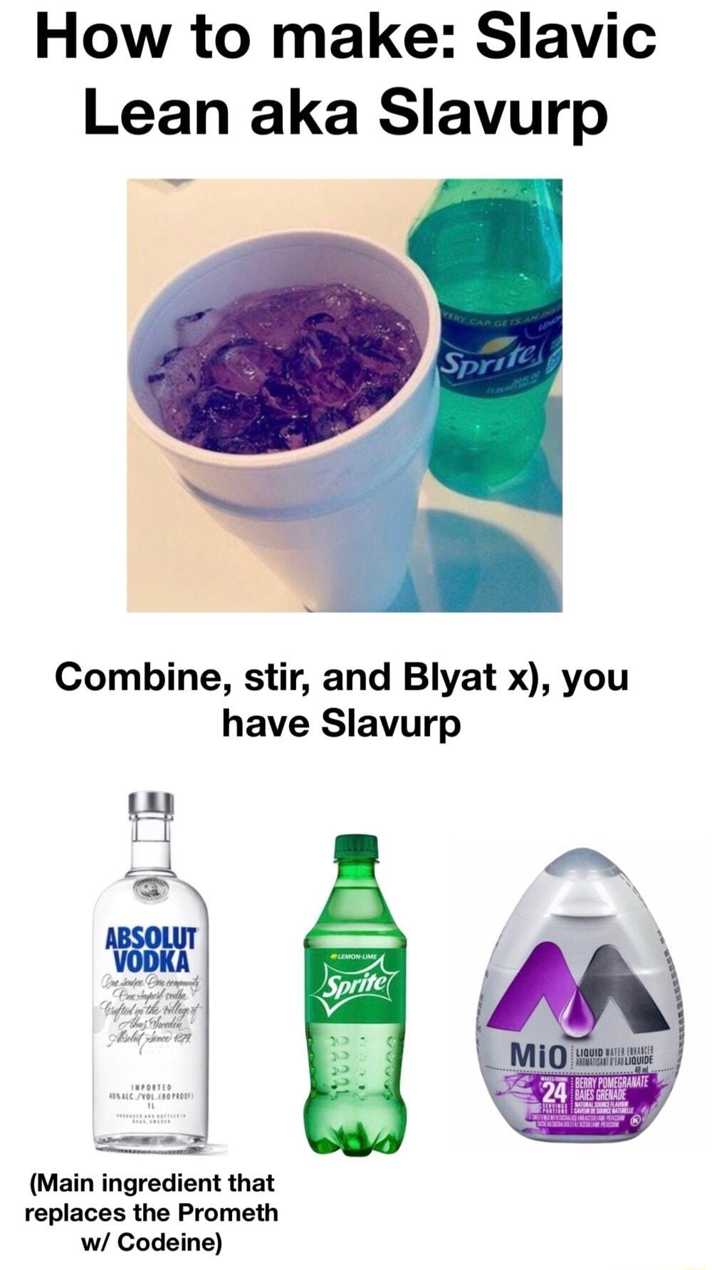 How to make Slavic Lean aka Slavurp Combine stir and Blyat x you have Slavurp Ve douie Cone compmerl Conetopei v 7 Va1l il f e Holi oo 170 Main ingredient that replaces the Prometh w Codeine