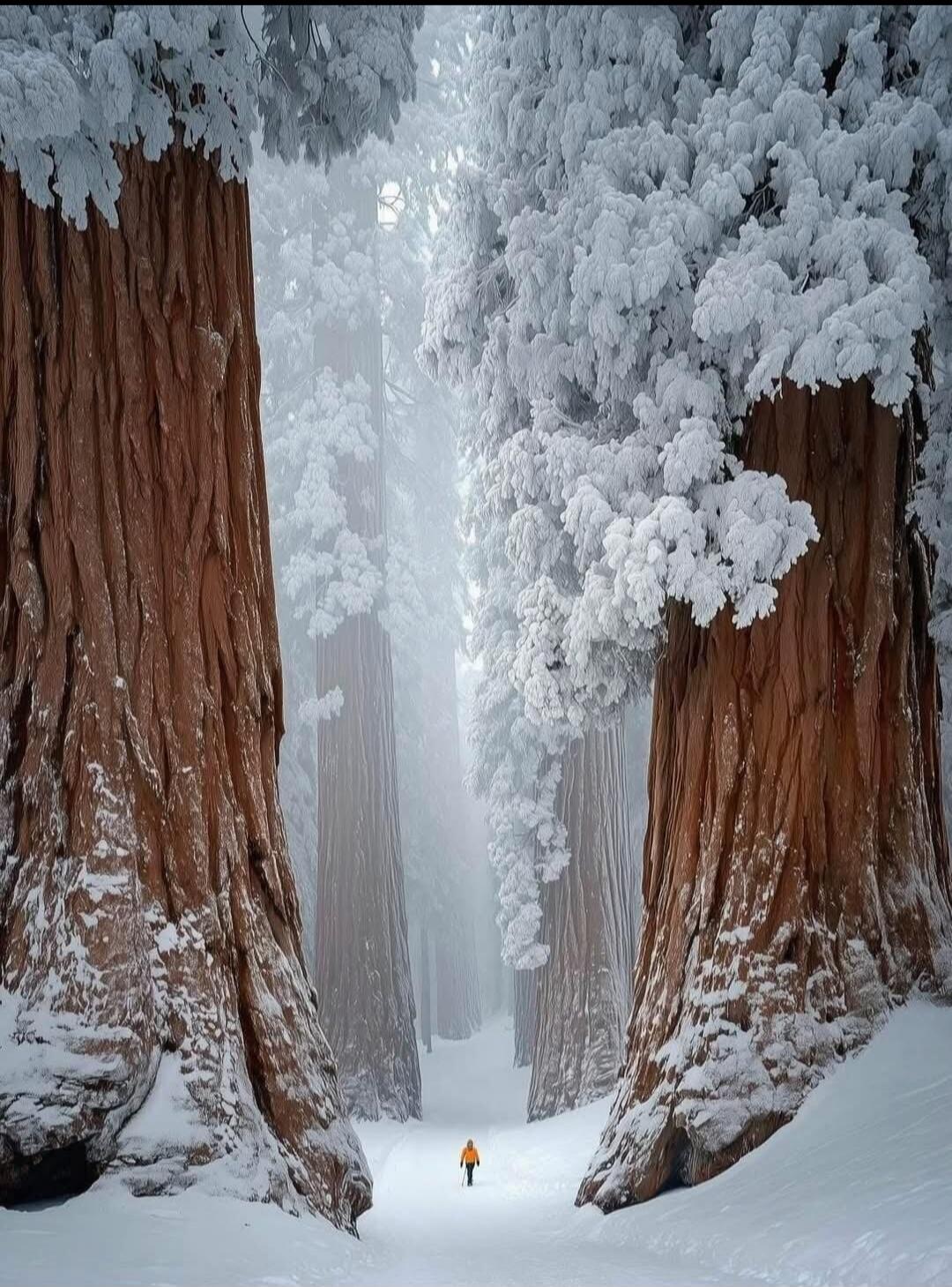 A lone hiker in a bright yellow jacket walks between towering snow-covered trees in a serene winter forest.