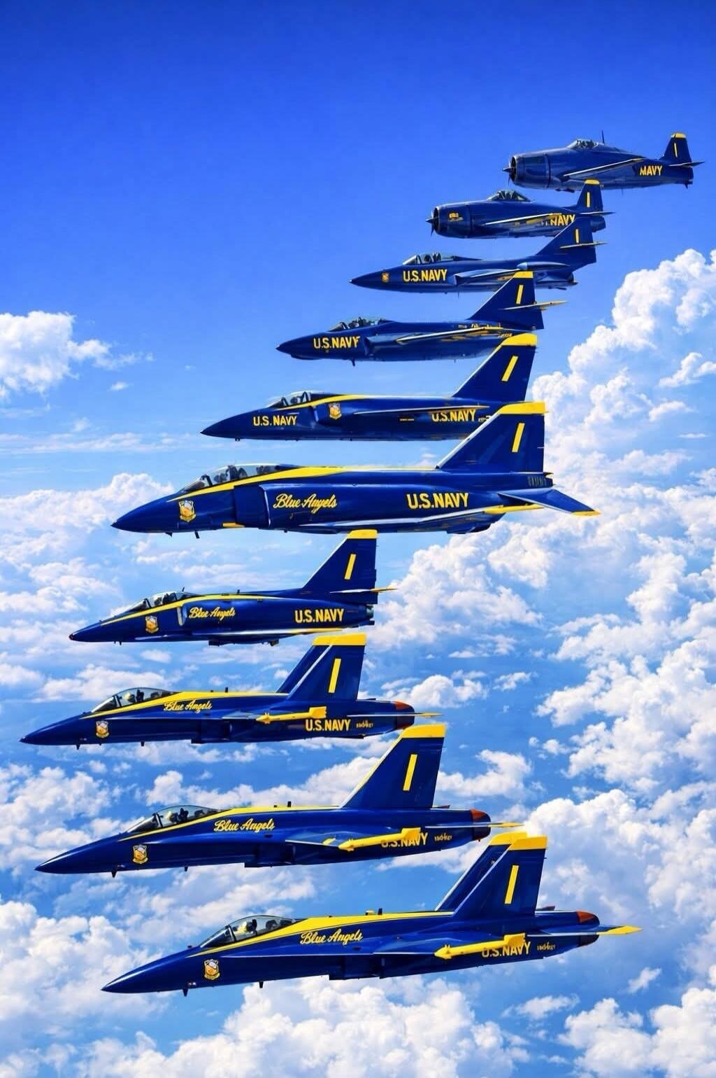 Blue Angels and U.S. Navy jets in formation flying above the clouds.