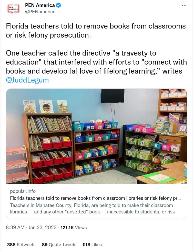 PEN America Goenamerca Florida teachers told to remove books from classrooms or risk felony prosecution One teacher called the directive a travesty to education that interfered with efforts to connect with books and develop a love of lifelong learning writes Juddl popularinfo Florida teachers told o remove books from classroom ibraries or risk elony pr Teachers in Mana o orrisk 518 L