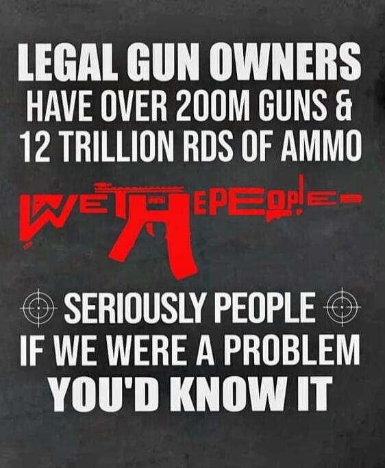 LEGAL GUN OWNERS HAVE OVER 200M GUNS & 12 TRILLION RDS OF AMMO WE THE PEOPLE! SERIOUSLY PEOPLE IF WE WERE A PROBLEM YOU'D KNOW IT