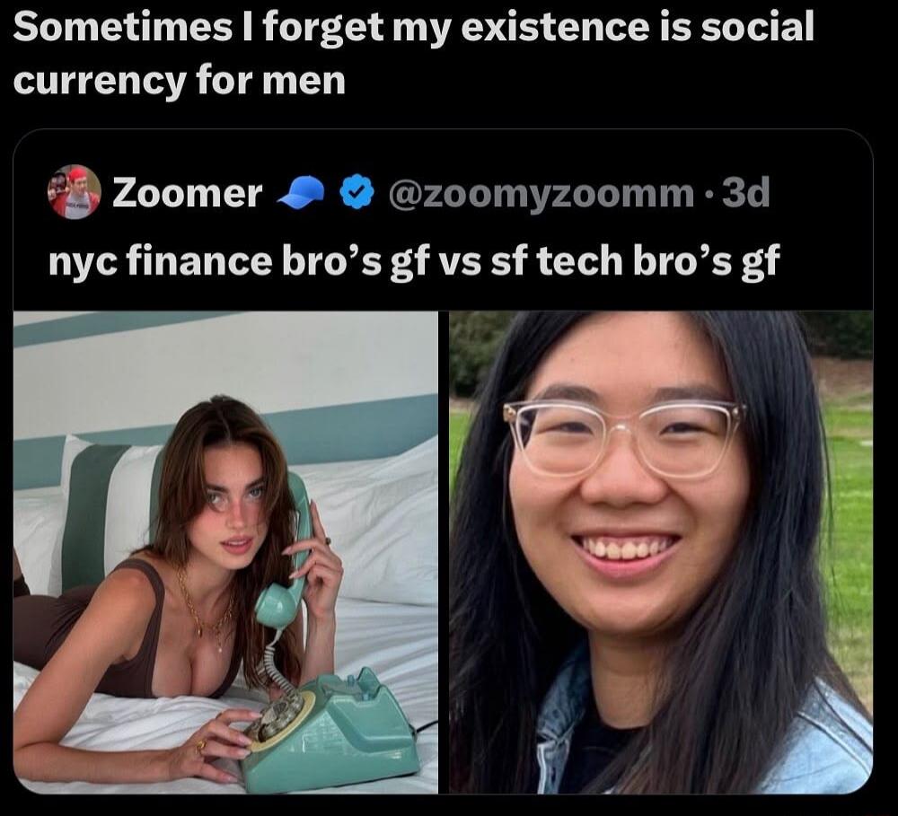 Sometimes I forget my existence is social currency for men Zoomer @zoomyzoomm 3d nyc finance bro's gf vs sf tech bro's gf