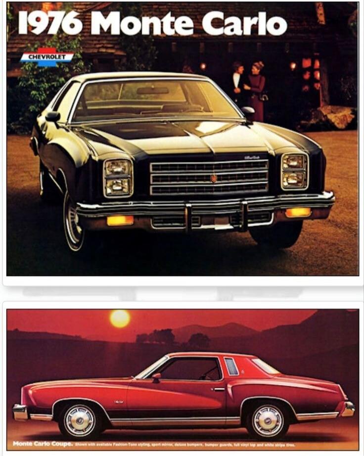1976 Monte Carlo CHEVROLET Monte Carlo Coupe. Shown with available Fashion-Tone styling, sport mirrors, deluxe bumpers, bumper guards, full vinyl top and white stripe tires.