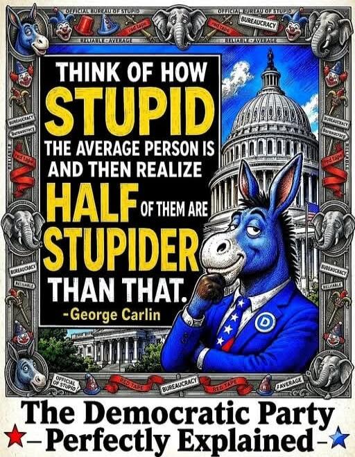 OFFICIAL BUREAU OF STUPID RED TAPE BUREAUCRACY RELIABLE - AVERAGE THINK OF HOW STUPID THE AVERAGE PERSON IS AND THEN REALIZE HALF OF THEM ARE STUPIDER THAN THAT. - George Carlin The Democratic Party - Perfectly Explained -