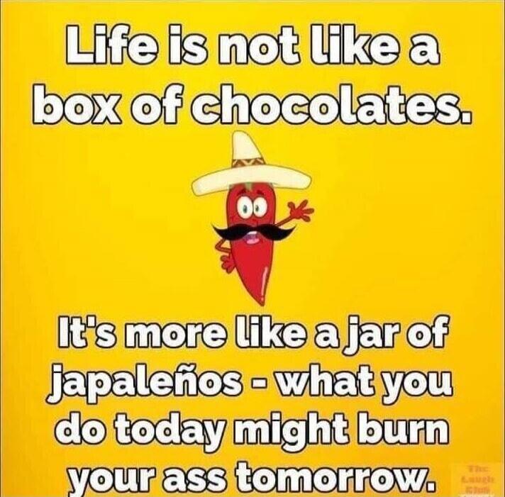 Life is not like a box of chocolates. It's more like a jar of jalapeños - what you do today might burn your ass tomorrow.