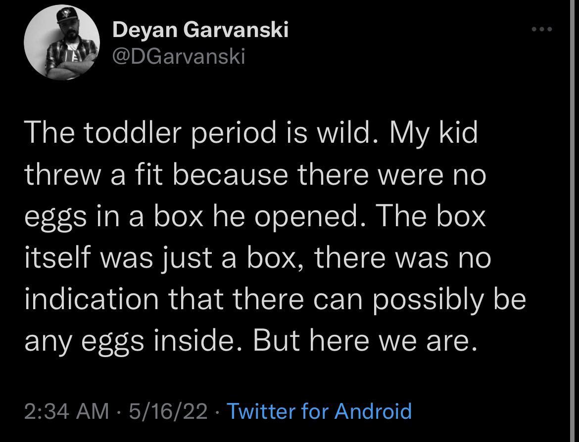 Deyan Garvanski L clacEVENE The toddler period is wild My kid threw a fit because there were no eggs in a box he opened The box itself was just a box there was no indication that there can possibly be any eggs inside But here we are 234 AM 51622 Twitter for Android