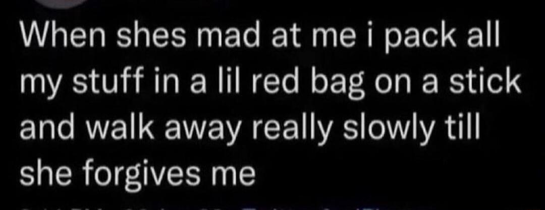 When shes mad at me i pack all my stuff in a lil red bag on a stick and walk away really slowly till she forgives me