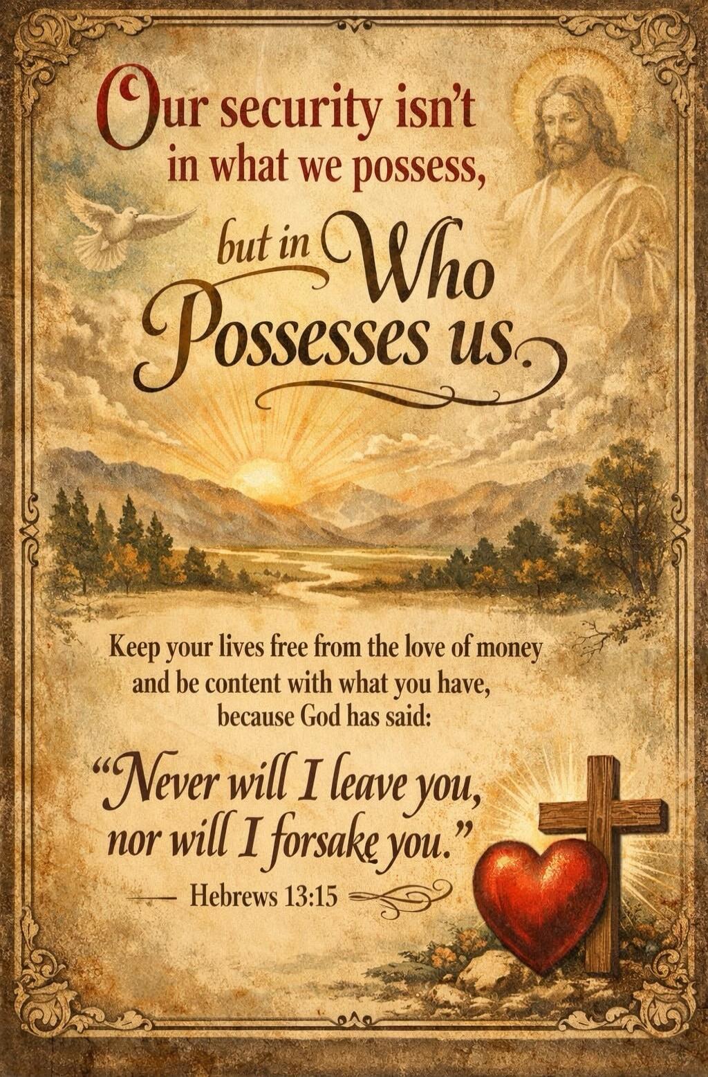 Our security isn't in what we possess, but in Who Possesses us. Keep your lives free from the love of money and be content with what you have, because God has said: 