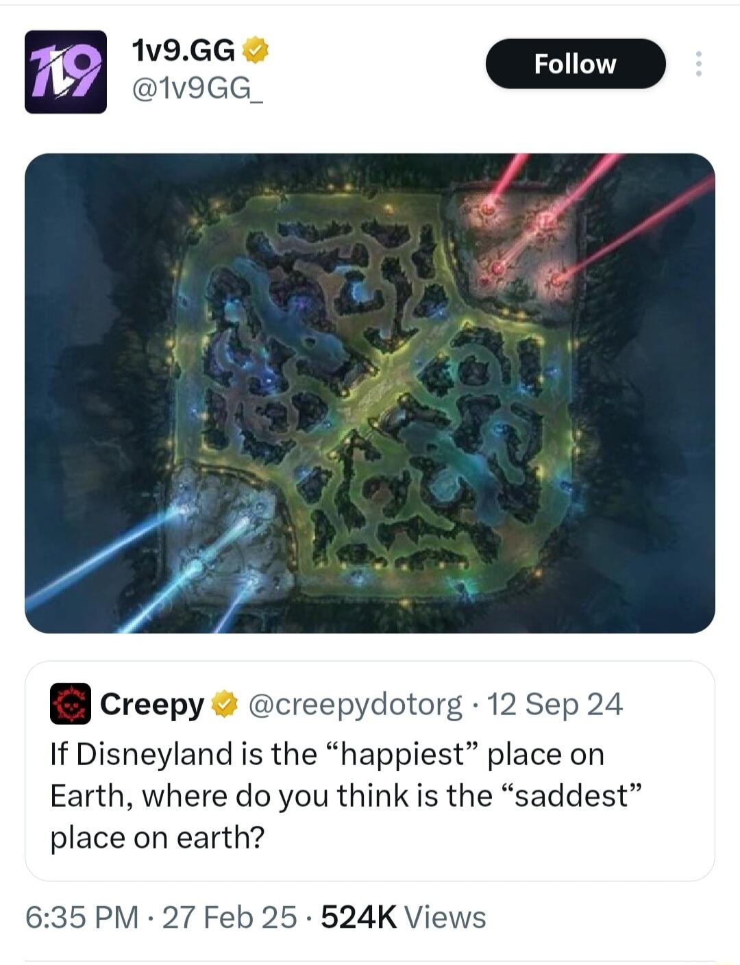 7 ey D Creepy creepydotorg 12 Sep 24 If Disneyland is the happiest place on Earth where do you think is the saddest place on earth 635 PM 27 Feb 25 524K Views