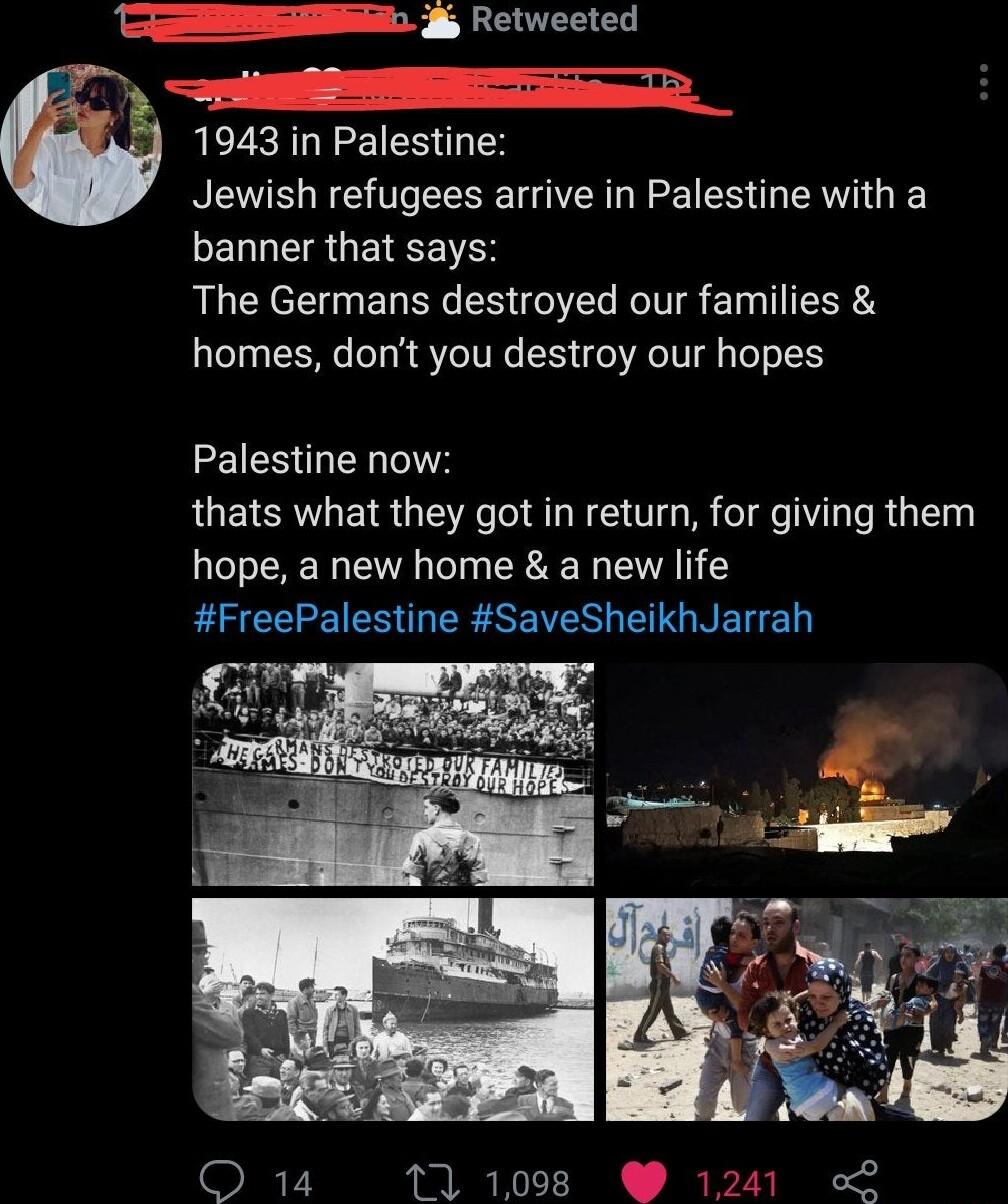 CESESSn g Retweeted e 1 1943 in Palestine Jewish refugees arrive in Palestine with a ELUEIRGEIREITS The Germans destroyed our families homes dont you destroy our hopes Palestine now thats what they got in return for giving them hope a new home a new life LR ESUEEREIES EIGNENET 17 1008 1241 2