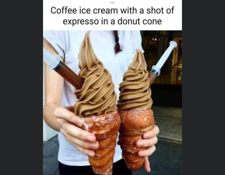 Coffee ice cream with a shot of expresso in a donut cone