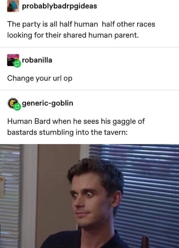 probablybadrpgideas The party is all half human half other races looking for their shared human parent robanilla Change your url op generic goblin Human Bard when he sees his gaggle of bastards stumbling into the tavern