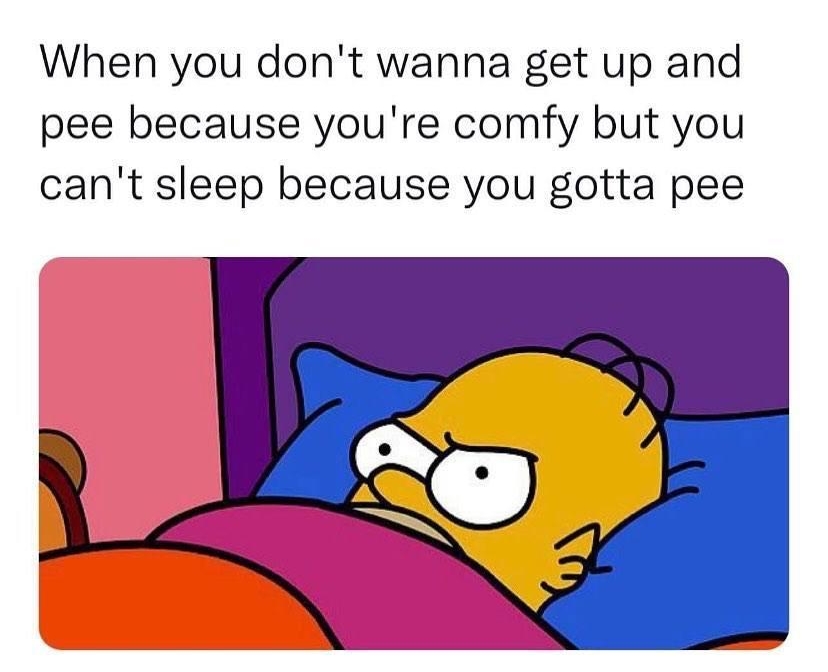 When you dont wanna get up and pee because youre comfy but you cant sleep because you gotta pee