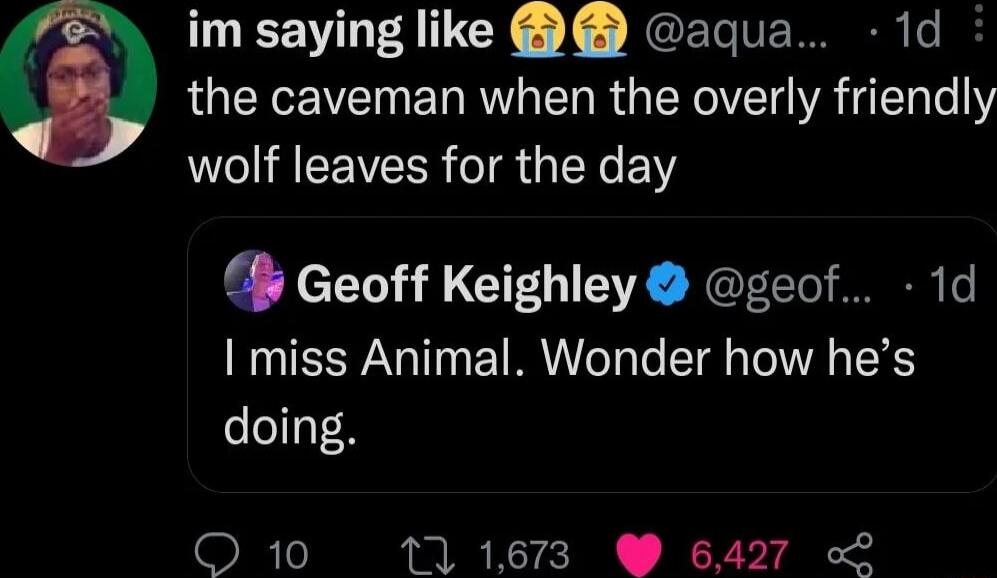 im saying like aqua 1d the caveman when the overly friendly W IAEEVELR RGN Y Geoff Keighley geof 1d I miss Animal Wonder how hes doing O 10 111673 6427 L