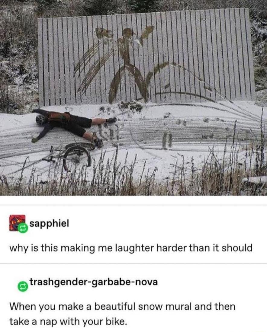 why is this making me laughter harder than it should trashgender garbabe nova When you make a beautiful snow mural and then take a nap with your bike