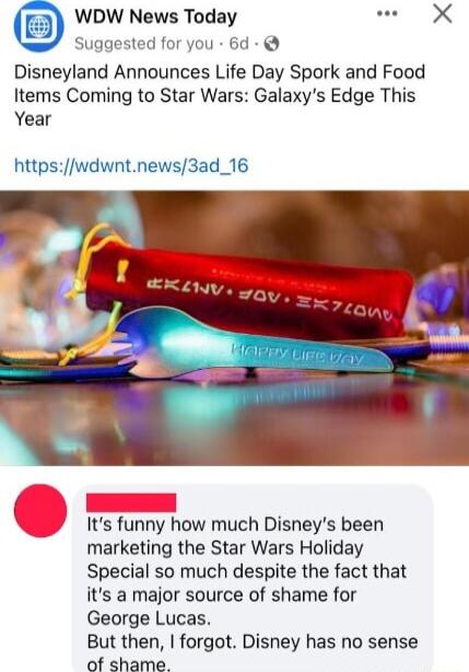 WDW News Today o X Suggested for you 6d Disneyland Announces Life Day Spork and Food Items Coming to Star Wars Galaxys Edge This Year httpswdwntnews3ad_16 Its funny how much Disneys been marketing the Star Wars Holiday Special so much despite the fact that its a major source of shame for George Lucas But then forgot Disney has no sense of shame