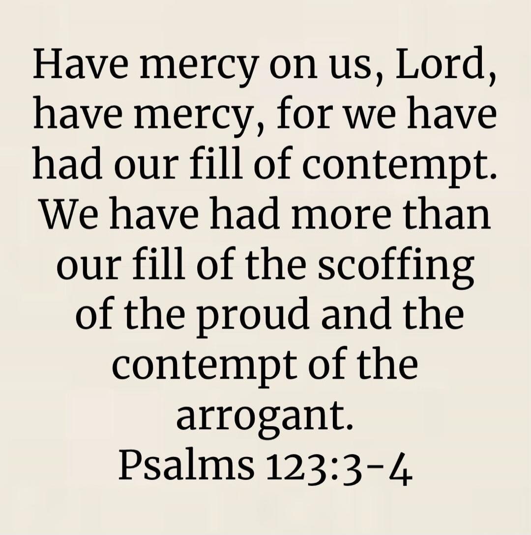 Have mercy on us, Lord, have mercy, for we have had our fill of contempt. We have had more than our fill of the scoffing of the proud and the contempt of the arrogant. Psalms 123:3-4