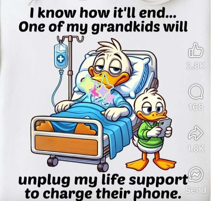 I know how it'll end... One of my grandkids will unplug my life support to charge their phone.