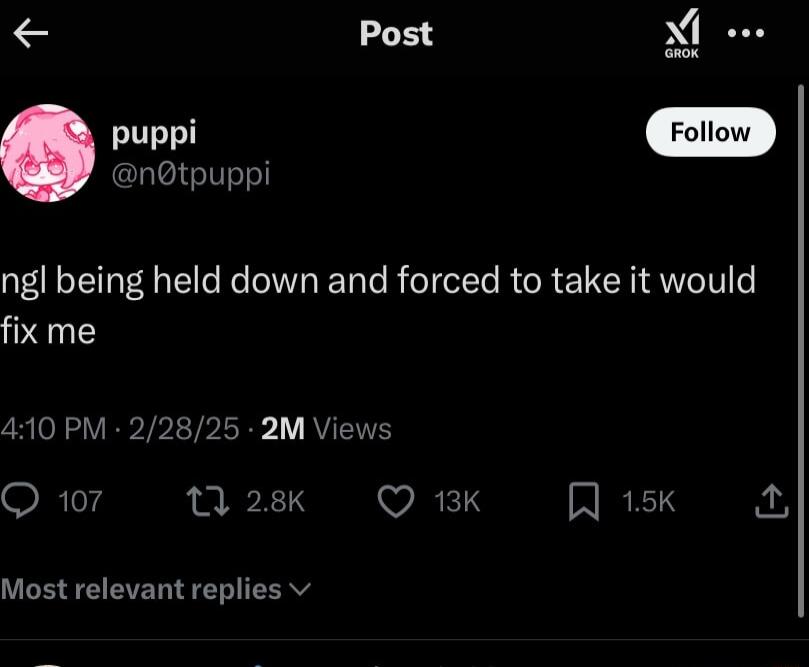 Post X e puppi notpuppi ngl being held down and forced to take it would fix me 410 PM 22825 2M Views Q 107 1 28K WXREIS A 15k A Most relevant replies v