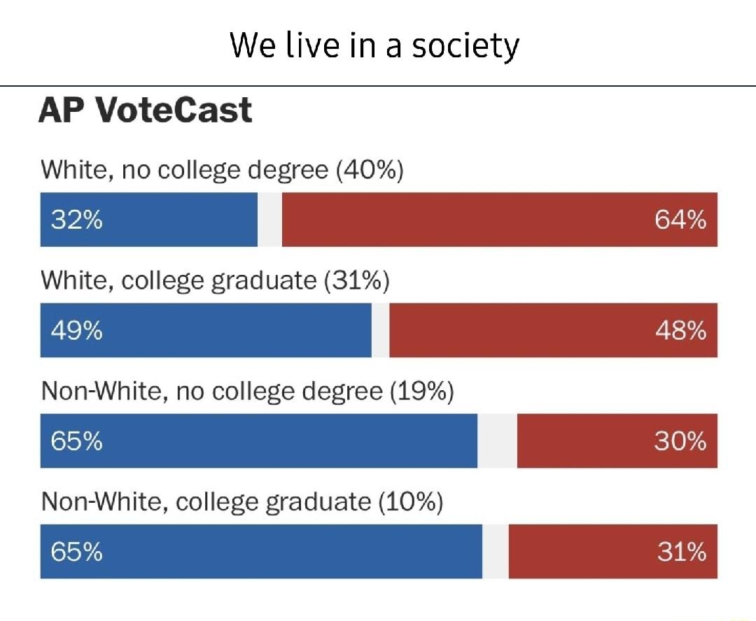 We live in a society AP VoteCast White no college degree 40 White college graduate 31 Non White no college degree 19 I Non White college graduate 10