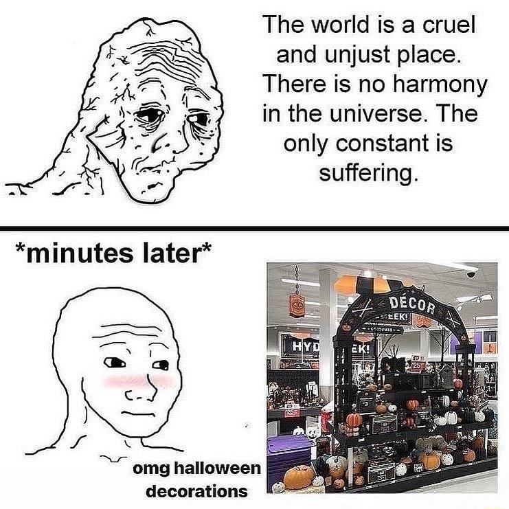 The world is a cruel and unjust place There is no harmony in the universe The only constant is suffering o omg halloween decorations
