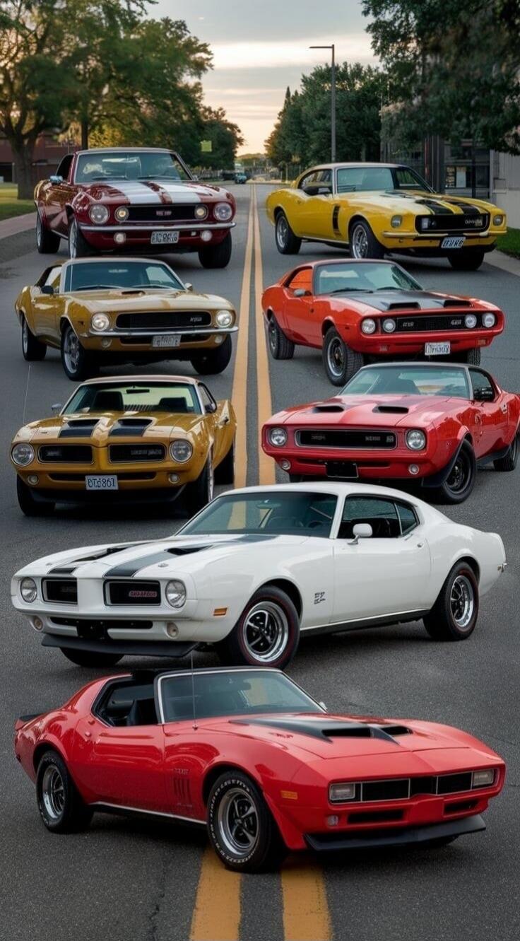 A collection of classic American muscle cars parked on a road, showcasing various models and colors.