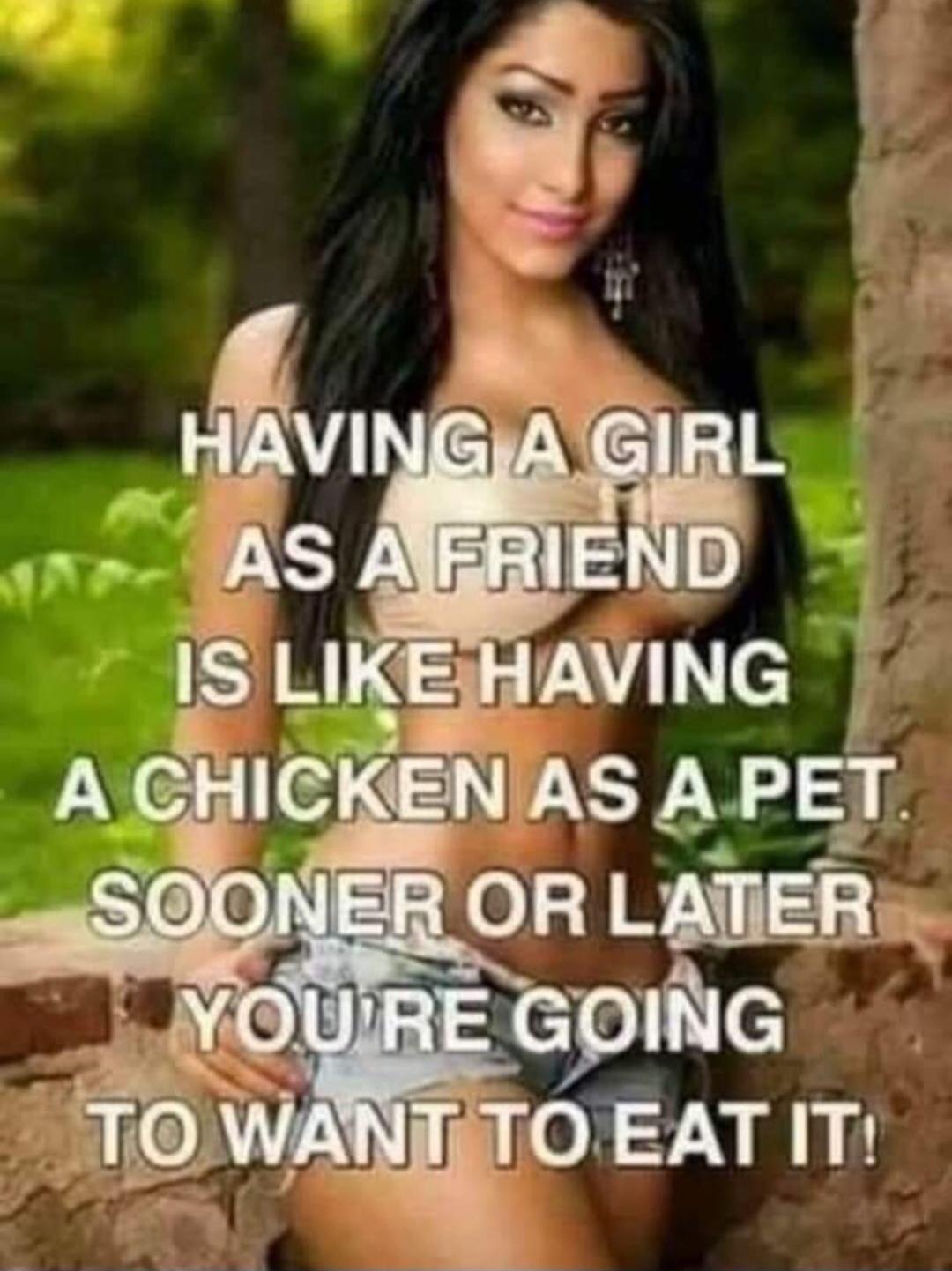 HAVING A GIRL AS A FRIEND IS LIKE HAVING A CHICKEN AS A PET. SOONER OR LATER YOU'RE GOING TO WANT TO EAT IT!