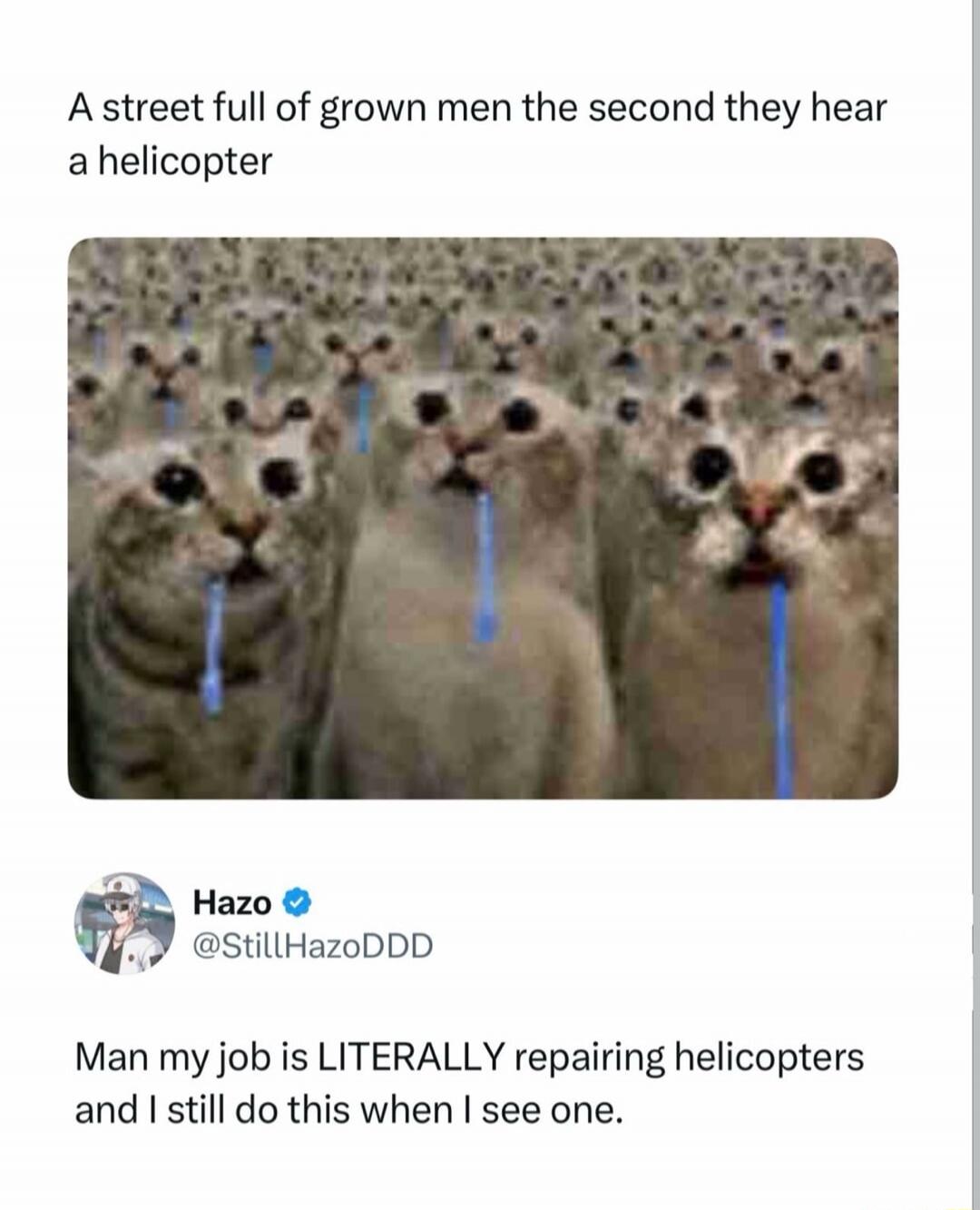 A street full of grown men the second they hear a helicopter. Man my job is LITERALLY repairing helicopters and I still do this when I see one.