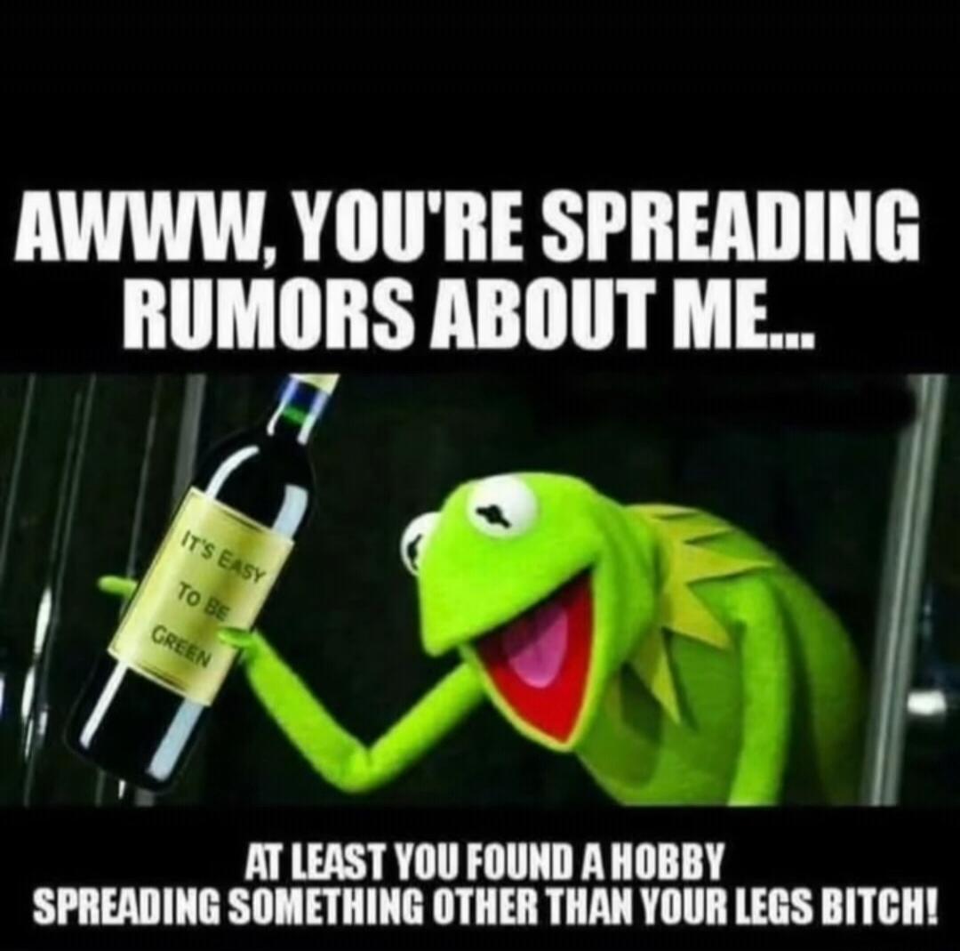 AWWW, YOU'RE SPREADING RUMORS ABOUT ME...
IT'S EASY TO BE GREEN
AT LEAST YOU FOUND A HOBBY SPREADING SOMETHING OTHER THAN YOUR LEGS BITCH!