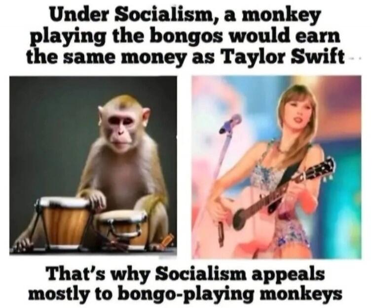 Under Socialism, a monkey playing the bongos would earn the same money as Taylor Swift. That's why Socialism appeals mostly to bongo-playing monkeys