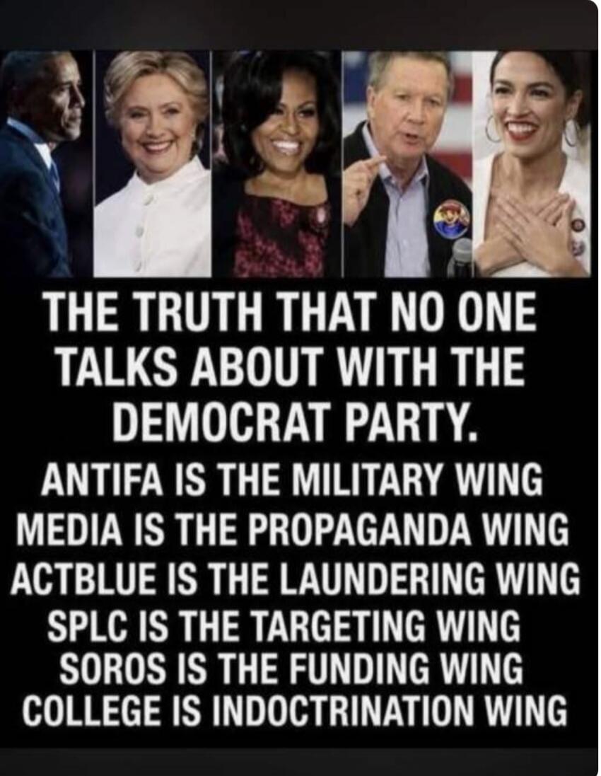 THE TRUTH THAT NO ONE TALKS ABOUT WITH THE DEMOCRAT PARTY. ANTIFA IS THE MILITARY WING MEDIA IS THE PROPAGANDA WING ACTBLUE IS THE LAUNDERING WING SPLC IS THE TARGETING WING SOROS IS THE FUNDING WING COLLEGE IS INDOCTRINATION WING