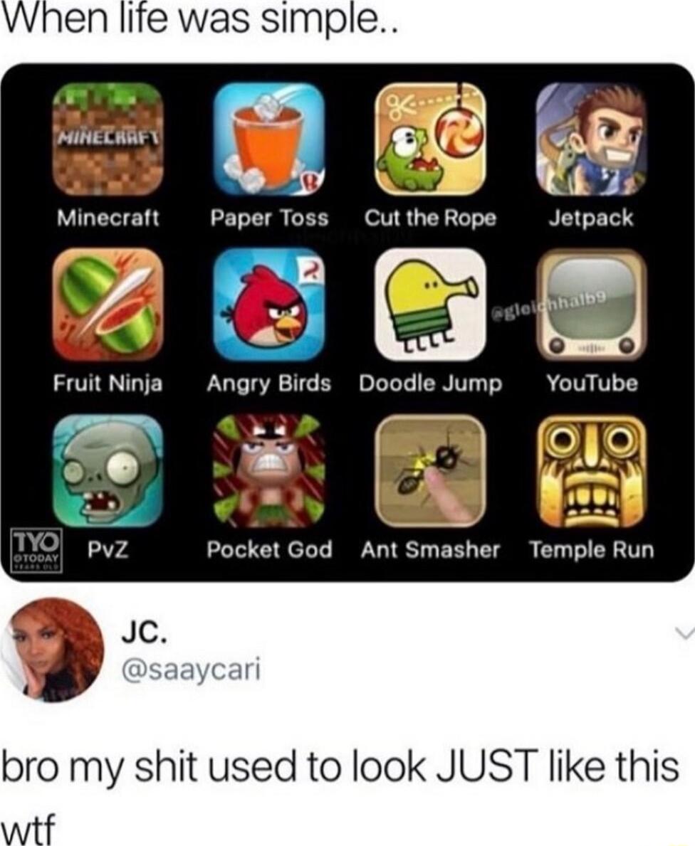 T m fay 271 Minecraft Paper Toss CuttheRope Jetpack 206 FruitNinja Angry Birds Doodle Jump T Pocket God Ant Sma her Temple Run bro my shit used to look JUST like this