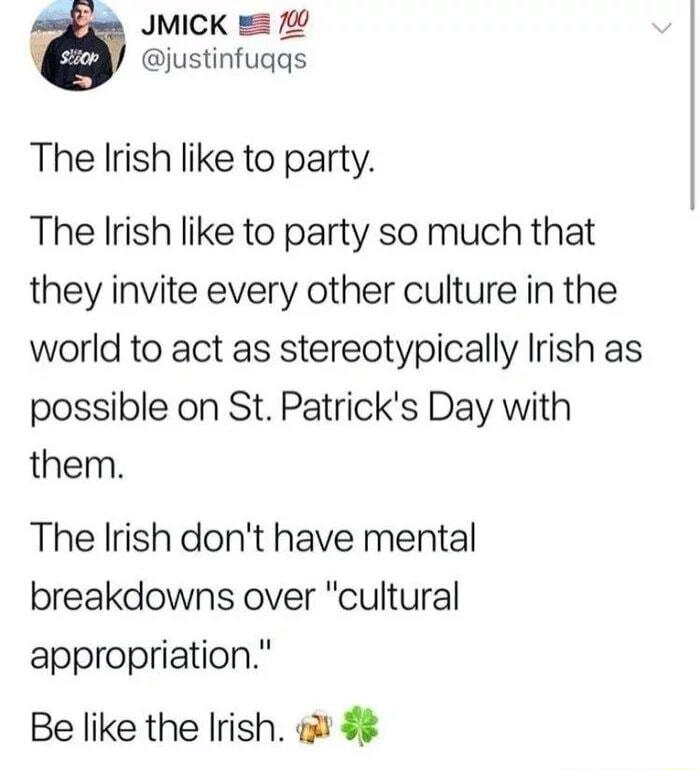 s JMICK k 0 justinfuqqs The Irish like to party The Irish like to party so much that they invite every other culture in the world to act as stereotypically Irish as possible on St Patricks Day with them The Irish dont have mental breakdowns over cultural appropriation Be like the Irish