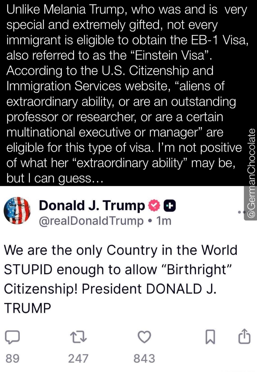 Unlike Melania Trump, who was and is very special and extremely gifted, not every immigrant is eligible to obtain the EB-1 Visa, also referred to as the “Einstein Visa”. According to the U.S. Citizenship and Immigration Services website, “aliens of extraordinary ability, or are an outstanding professor or researcher, or are a certain multinational 