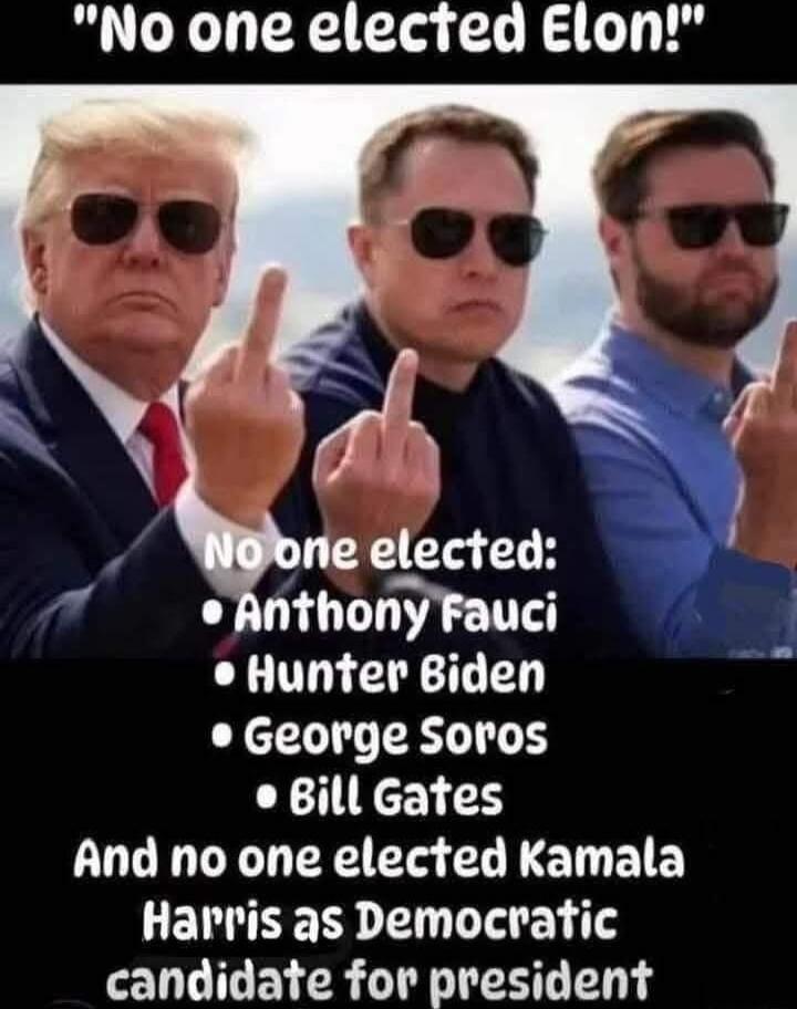 No one elected Elon g N J ne elected AnthonyFauci Hunter Biden George Soros o Bill Gates GO LG EE ETA EL EET B E Harris as Democratic candidate for president