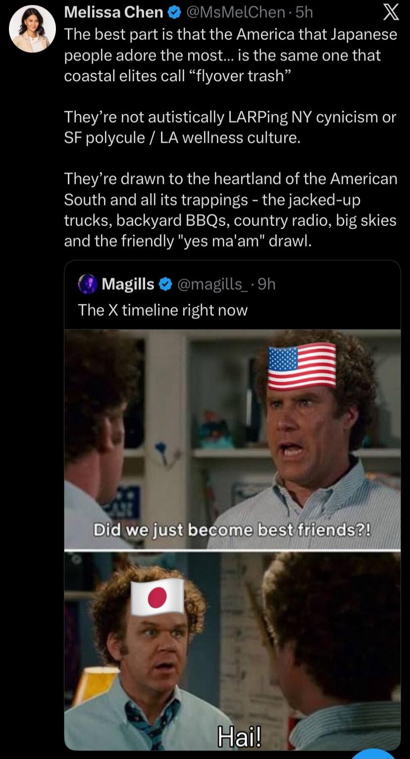 Melissa Chen @MsMelChen 5h The best part is that the America that Japanese people adore the most... is the same one that coastal elites call 
